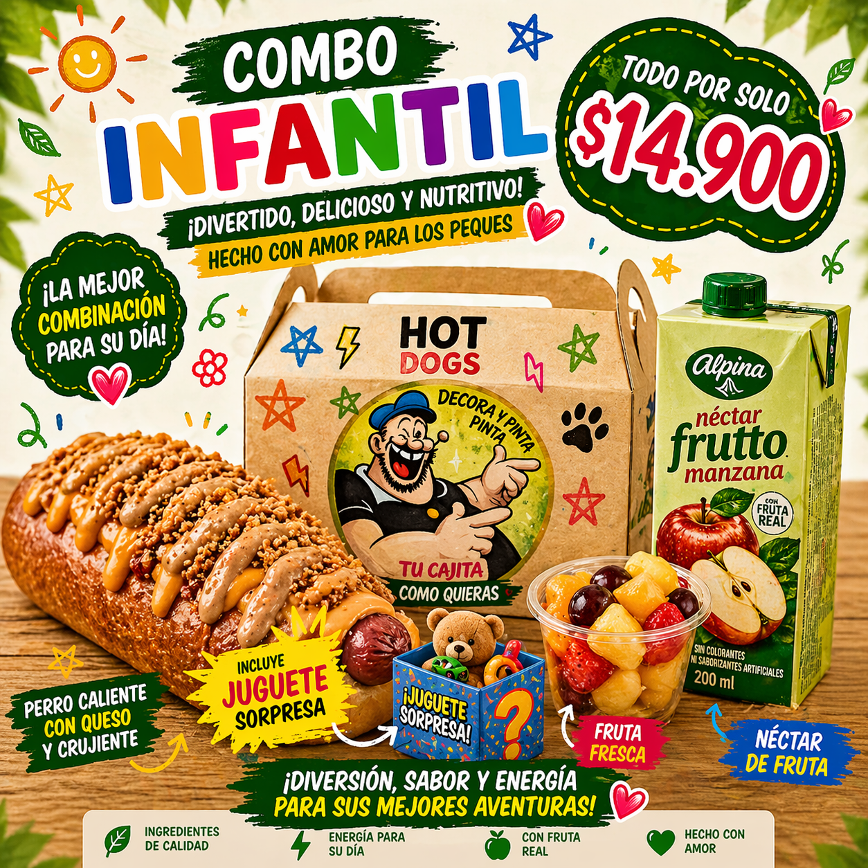 Cajita Feliz con miniperro, fruta fresca, nectar y juguete sorpresa